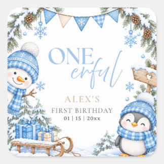 Winter Onederland First Birthday Penguin Snowman Square Sticker