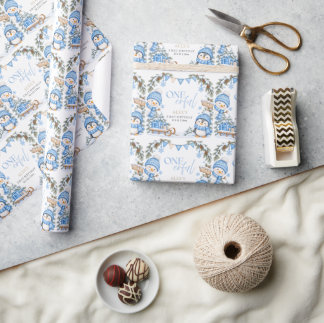 Winter Onederland First Birthday Penguin Snowman Wrapping Paper