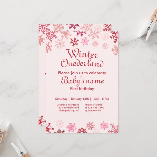 Winter Onederland First Birthday pink snowflake  Invitation (Front/Back In Situ)