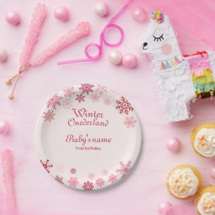 Winter Onederland First Birthday pink snowflake Paper Plate