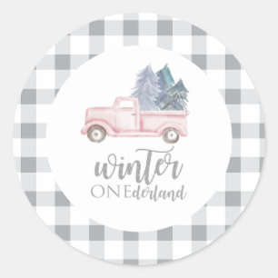 Winter Onederland First Birthday pink truck Classic Round Sticker