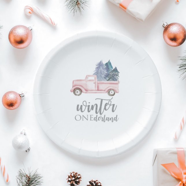 Winter Onederland First Birthday pink truck Paper Plate (Creator Uploaded)