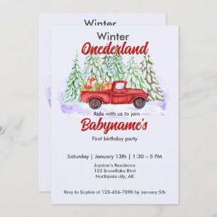 Winter Onederland First Birthday Red Truck Present Invitation