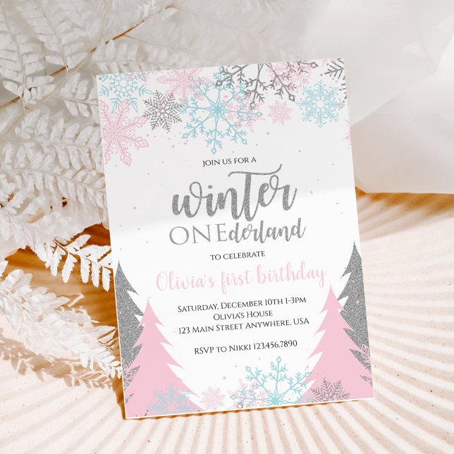 Winter Onederland First Birthday Snowflakes Trees  Invitation (Creator Uploaded)