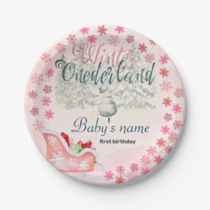 Winter Onederland First Birthday Snowman Pink  Paper Plate