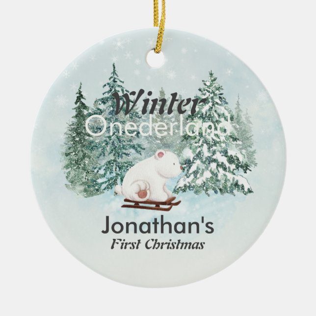 Winter Onederland First Christmas Bear on Sleigh Ceramic Ornament (Front)
