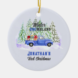Winter Onederland First Christmas blue truck Ceramic Ornament