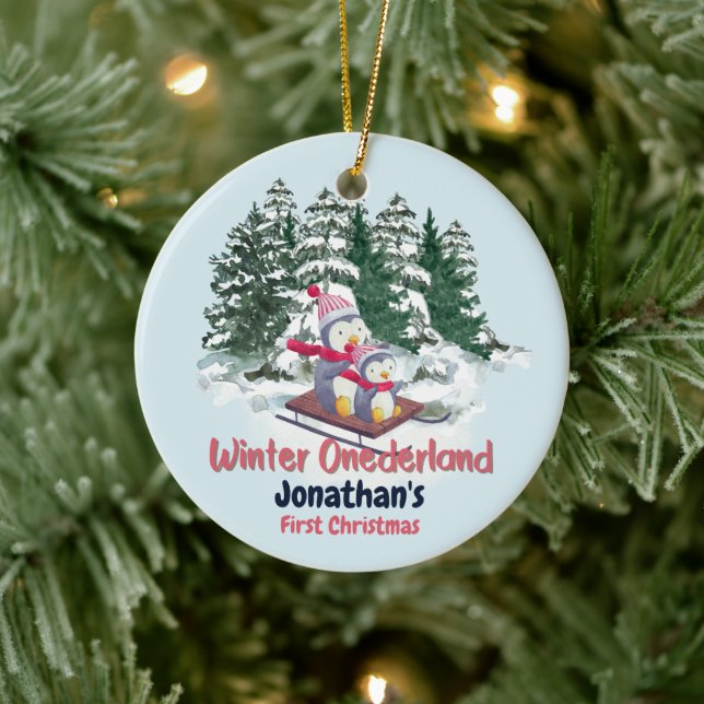 Winter Onederland First Christmas Cute Penguins Ceramic Ornament (Tree)
