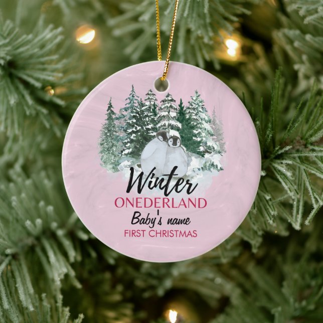 Winter Onederland First Christmas snowy penguin   Ceramic Ornament (Tree)