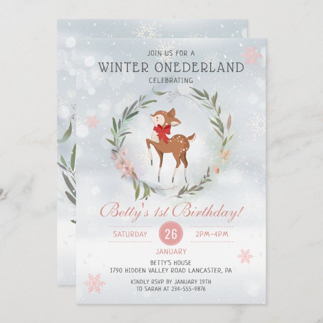 Winter Onederland Floral Deer Baby 1st Birthday Invitation (Front/Back)