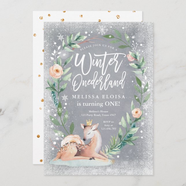 Winter ONEderland Floral Silver Deer Birthday Invitation (Front/Back)