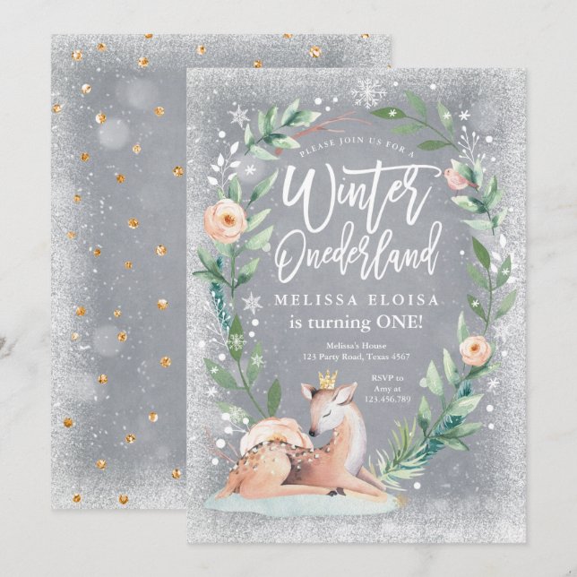 Winter ONEderland Floral Silver Woodland Birthday Invitation (Front/Back)