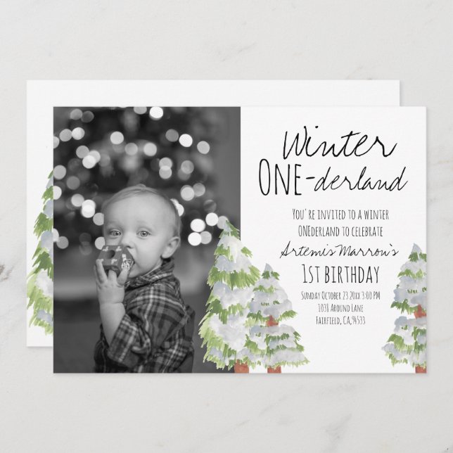 Winter onederland forest 1st birthday party invite (Front/Back)