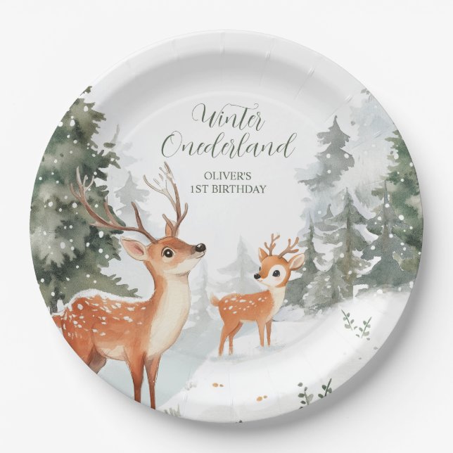 Winter Onederland Forest Animals First Birthday Paper Plate (Front)