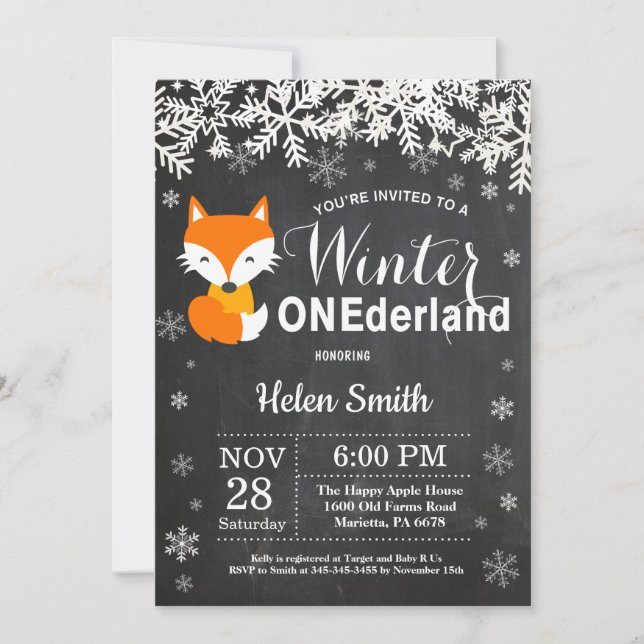 Winter Onederland Fox 1st Birthday Invitation (Front)