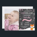 Winter Onederland Fox 1st Birthday Invitation<br><div class="desc">Winter Onederland Fox 1st Birthday Invitation with custom photo. Fox. Pink and White Snowflake. First Birthday. Girl 1st Bday Invite. Chalkboard Background. Black and White. For further customisation,  please click the "Customise it" button and use our design tool to modify this template.</div>