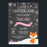 Winter Onederland Fox 1st Birthday Invitation<br><div class="desc">Winter Onederland Fox 1st Birthday Invitation. Fox. Pink and White Snowflake. First Birthday. Girl 1st Bday Invite. Chalkboard Background. Black and White. For further customisation,  please click the "Customise it" button and use our design tool to modify this template.</div>