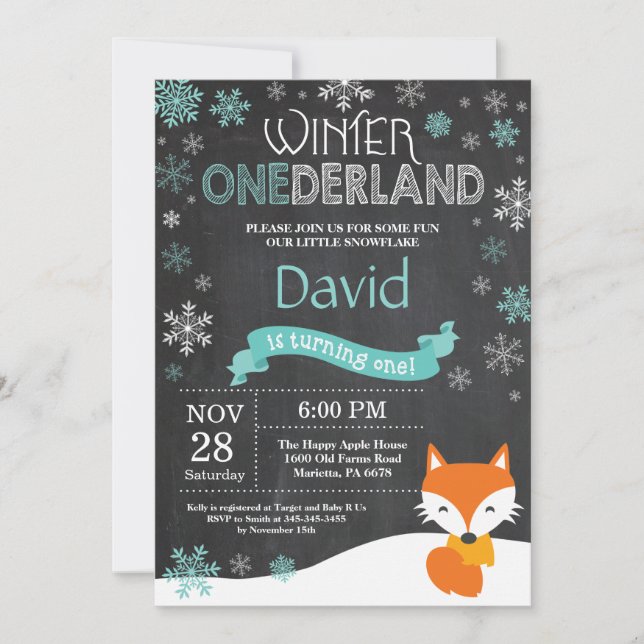 Winter Onederland Fox 1st Birthday Invitation (Front)