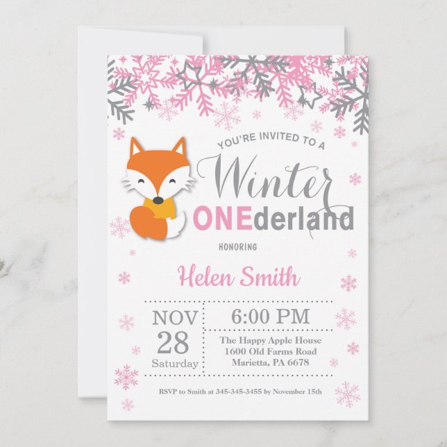 Winter Onederland Fox Girl 1st Birthday Invitation (Front)