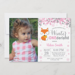Winter Onederland Fox Girl 1st Birthday Invitation