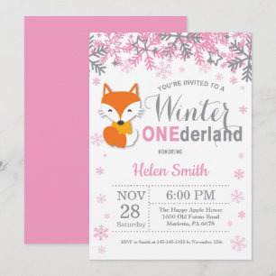 Winter Onederland Fox Girl 1st Birthday Invitation