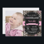 Winter Onederland Girl 1st Birthday Invitation<br><div class="desc">Winter Onederland Girl 1st Birthday Invitation with custom photo. Pink and White Snowflake. First Birthday. Girl 1st Bday Invite. Rustic Wood Chalkboard Background. Black and White. Pink Ribbon. For further customisation,  please click the "Customise it" button and use our design tool to modify this template.</div>
