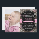 Winter Onederland Girl 1st Birthday Invitation<br><div class="desc">Winter Onederland Girl 1st Birthday Invitation with custom photo. Pink and White Snowflake. First Birthday. Girl 1st Bday Invite. Rustic Wood Chalkboard Background. Black and White. Pink Ribbon. For further customisation,  please click the "Customise it" button and use our design tool to modify this template.</div>
