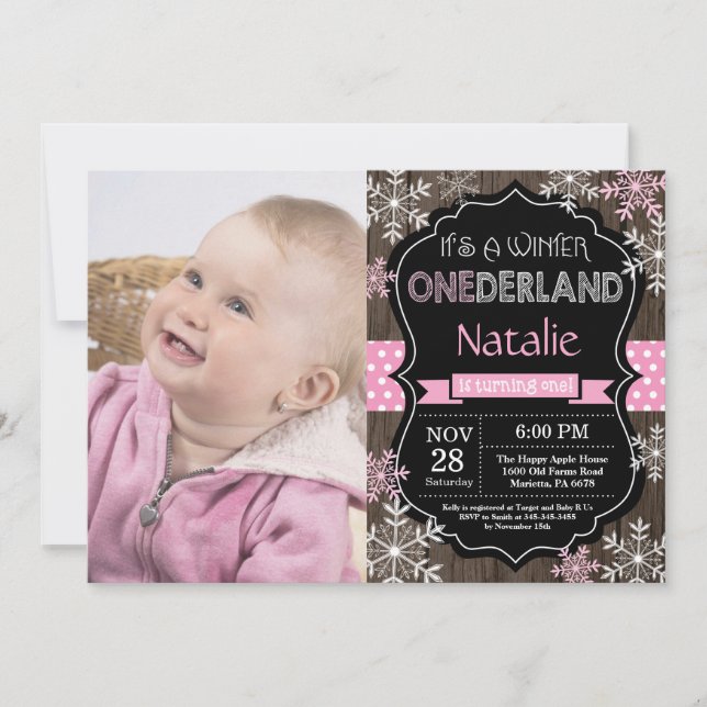 Winter Onederland Girl 1st Birthday Invitation (Front)