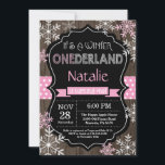 Winter Onederland Girl 1st Birthday Invitation<br><div class="desc">Winter Onederland Girl 1st Birthday Invitation. Pink and White Snowflake. First Birthday. Girl 1st Bday Invite. Rustic Wood Chalkboard Background. Black and White. Pink Ribbon. For further customisation,  please click the "Customise it" button and use our design tool to modify this template.</div>