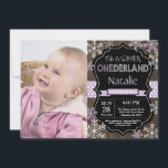 Winter Onederland Girl 1st Birthday Invitation<br><div class="desc">Winter Onederland Girl 1st Birthday Invitation with custom photo. Purple Lilac Lavender and White Snowflake. First Birthday. Girl 1st Bday Invite. Rustic Wood Chalkboard Background. Black and White. Purple Ribbon. For further customisation,  please click the "Customise it" button and use our design tool to modify this template.</div>
