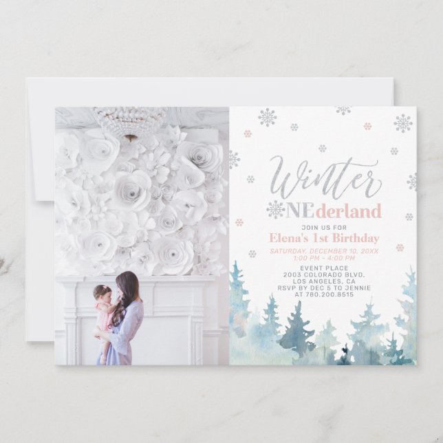 Winter Onederland Girl 1st Birthday Photo Invitation (Front)