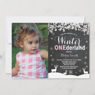 Winter Onederland Girl 1st Birthday Photo Invitation