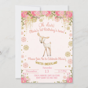 Winter Onederland girl 1st first birthday invite. Invitation