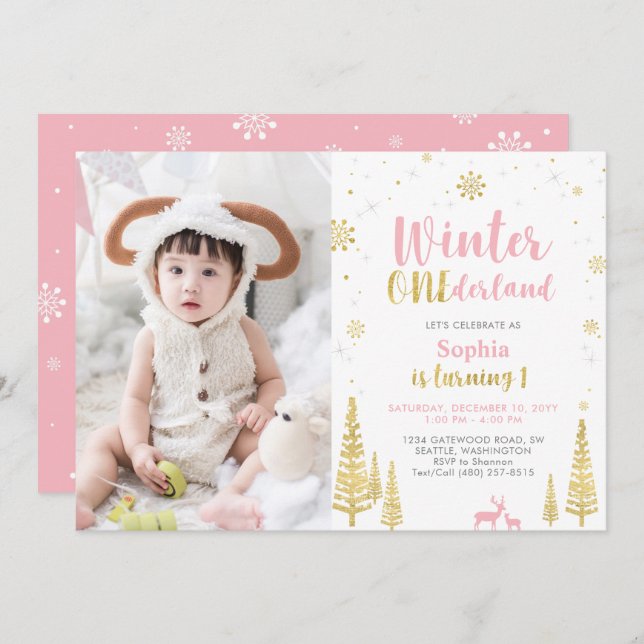 Winter Onederland, Girl 1st Photo Birthday Invitation (Front/Back)