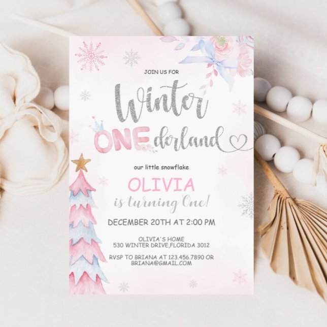 Winter Onederland Girl Birthday Pink Silver Invitation (Creator Uploaded)
