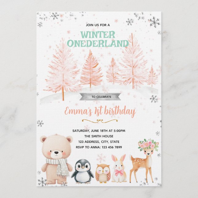Winter Onederland girl invitation (Front)