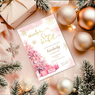 Winter Onederland Girl Pink Gold 1st Birthday Invitation