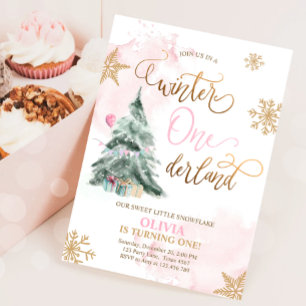 Winter Onederland Girl Pink Gold 1st Birthday Invitation