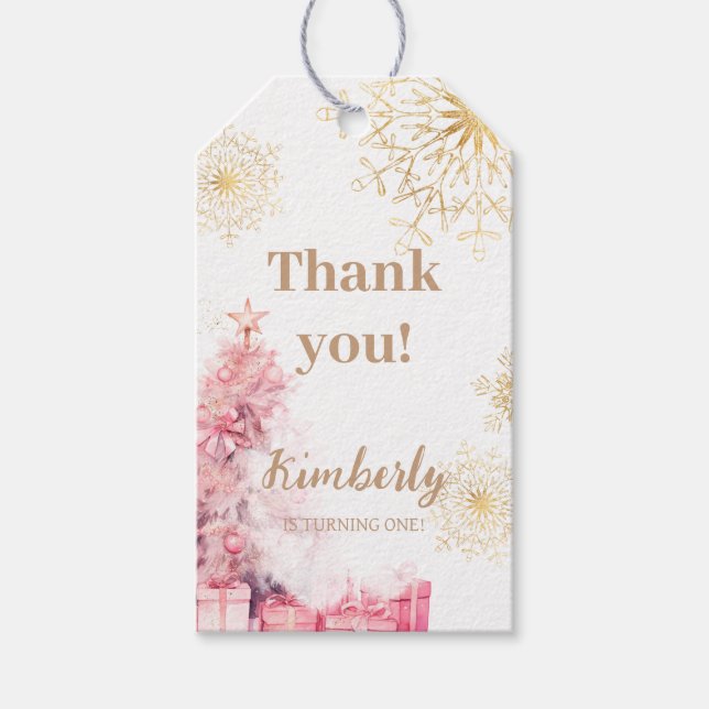 Winter Onederland Girl Pink Gold Gift Tag (Front)