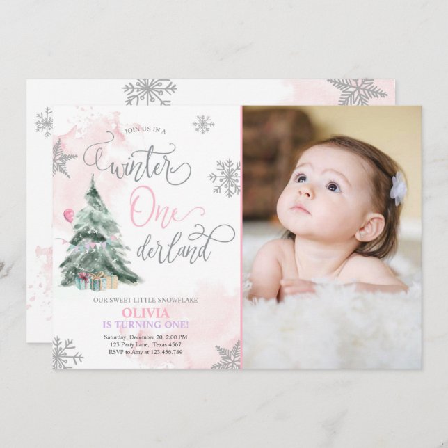 Winter Onederland Girl Pink Winter 1st Birthday Invitation (Front/Back)