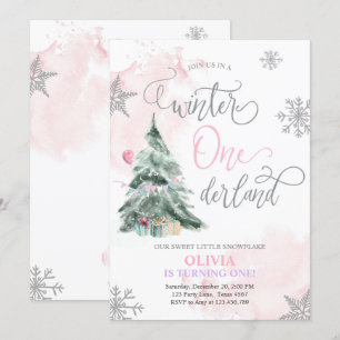 Winter Onederland Girl Pink Winter 1st Birthday Invitation