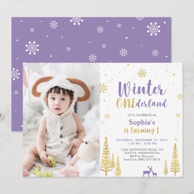 Winter Onederland, Girl Purple 1st Photo Birthday Invitation (Front/Back)