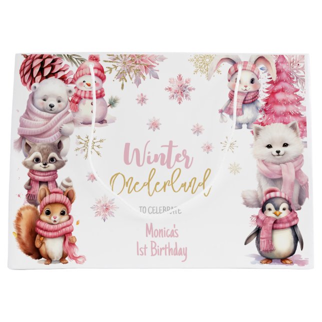 Winter onederland glitter snowflakes birthday large gift bag (Front)