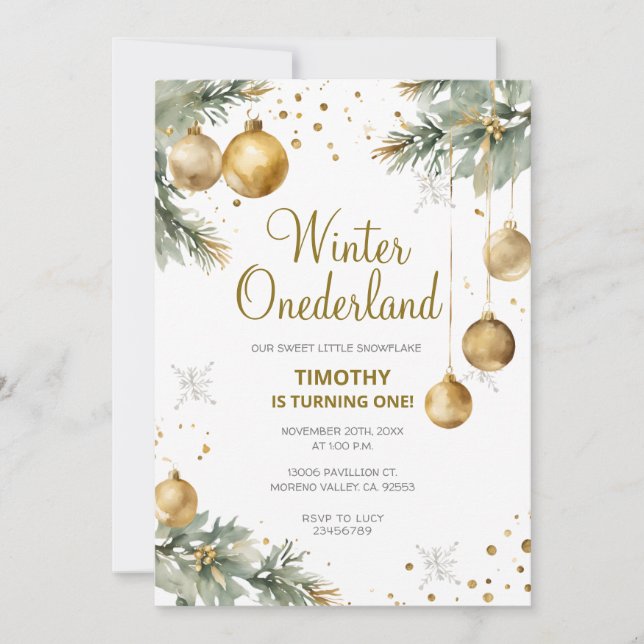 Winter Onederland Gold Baubles 1st Birthday Party Invitation (Front)
