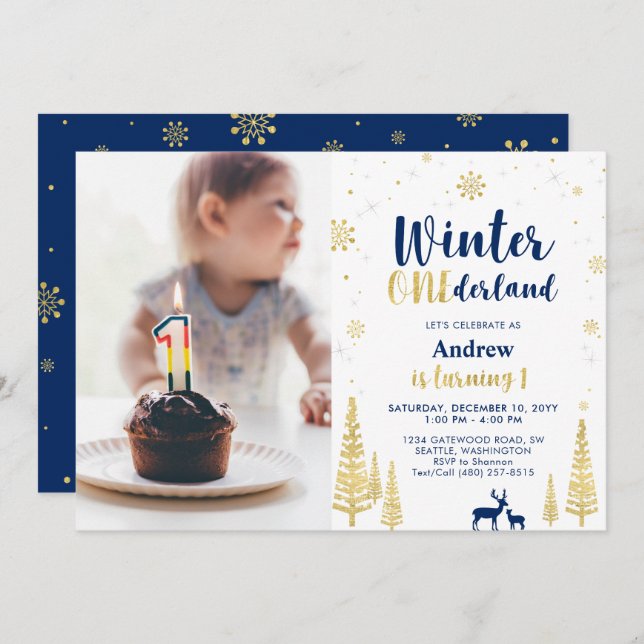 Winter Onederland, Gold & Navy Boy 1st Birthday Invitation (Front/Back)