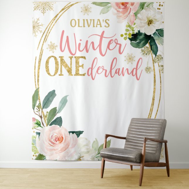 Winter ONEderland Gold Pink Floral Backdrop Tapestry (In Situ)