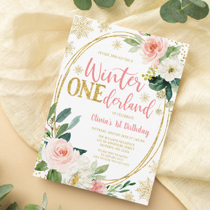 Winter ONEderland Gold Pink Floral Birthday Invitation