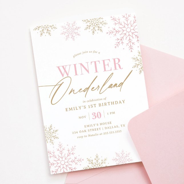 Winter Onederland Gold Pink Glitter 1st Birthday Invitation (Creator Uploaded)