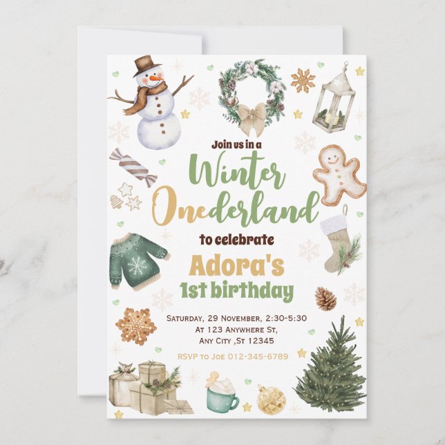 Winter ONEderland Green Christmas Birthday Invite (Front)