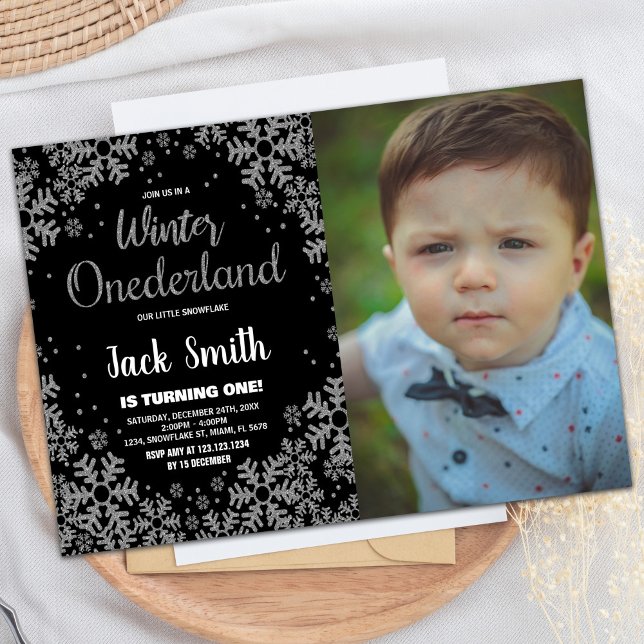 Winter ONEderland Invitations Black Silver Photo (Winter ONEderland Invitations Black Silver Photo)